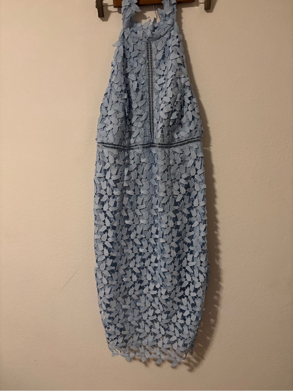 Bardot Powder Blue Lace Midi Skirt with Floral Cutwork